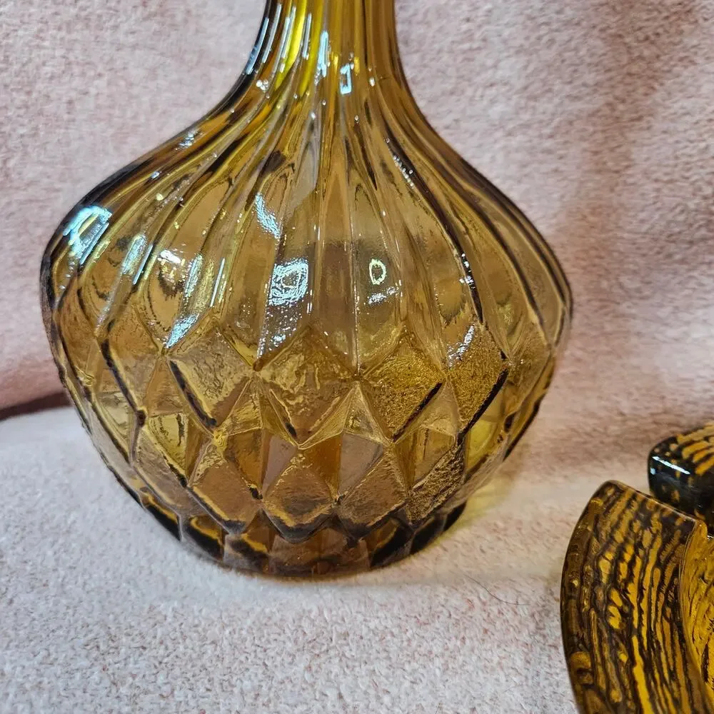 Vintage Empoli Italian Amber Glass Diamond Pattern Decanter & Ashtray Set